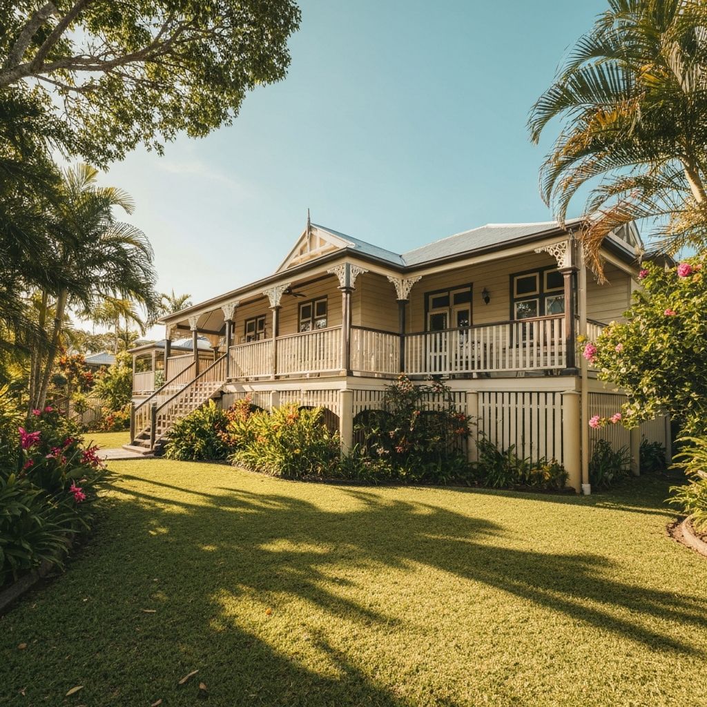 Classic Queensland Queenslander house with wraparound veranda and lush garden